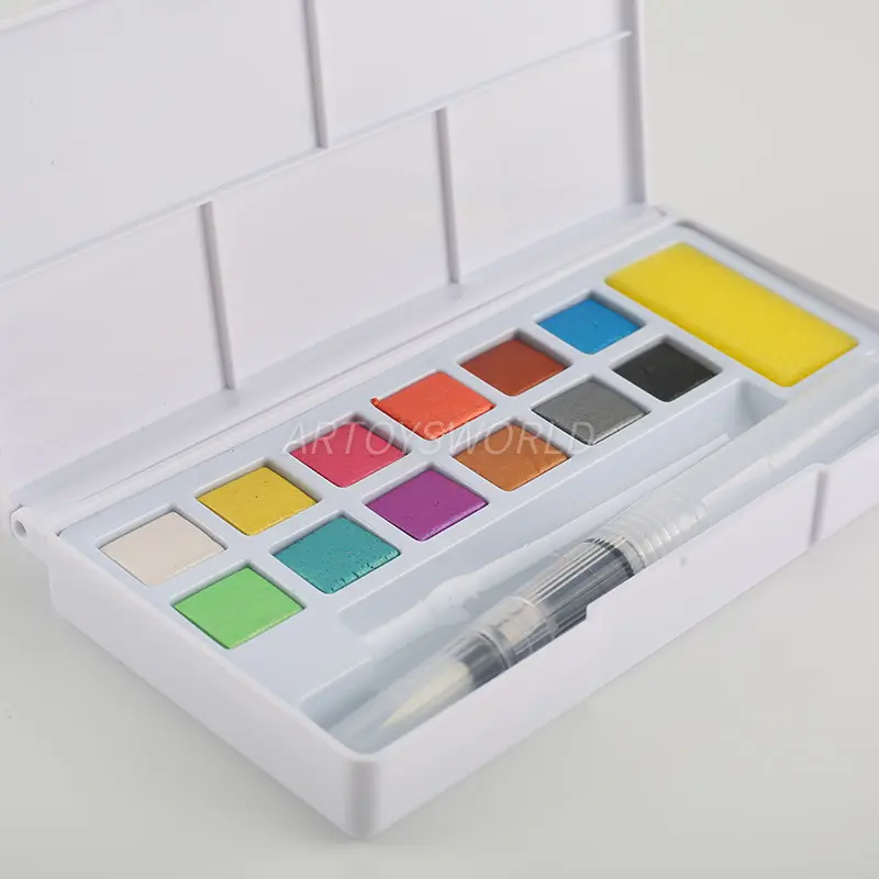 12-Color Pearl Solid Watercolor Set in Plastic Case - Includes Paintbrush and Sponge